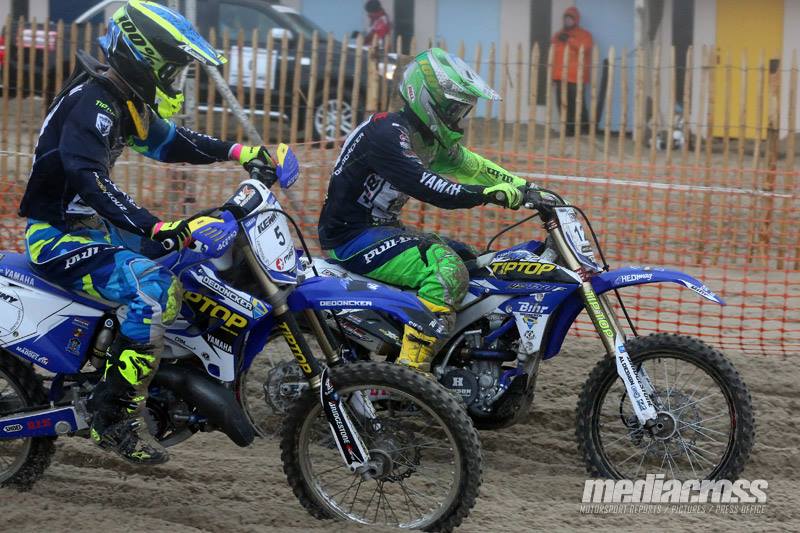 Mathys Boisramé (tenue verte) lors de l4Enduropale Juniors 2016. Photo Mediacross